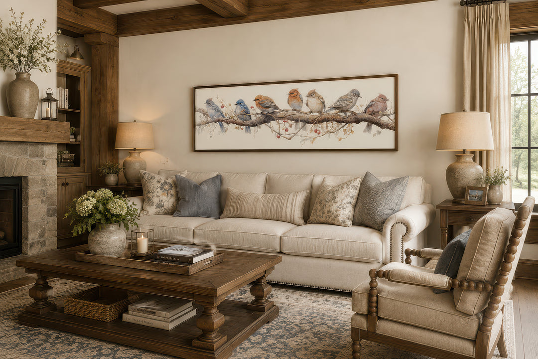 Horizontal framed canvas wall art featuring colorful birds perched on a branch above a sofa.