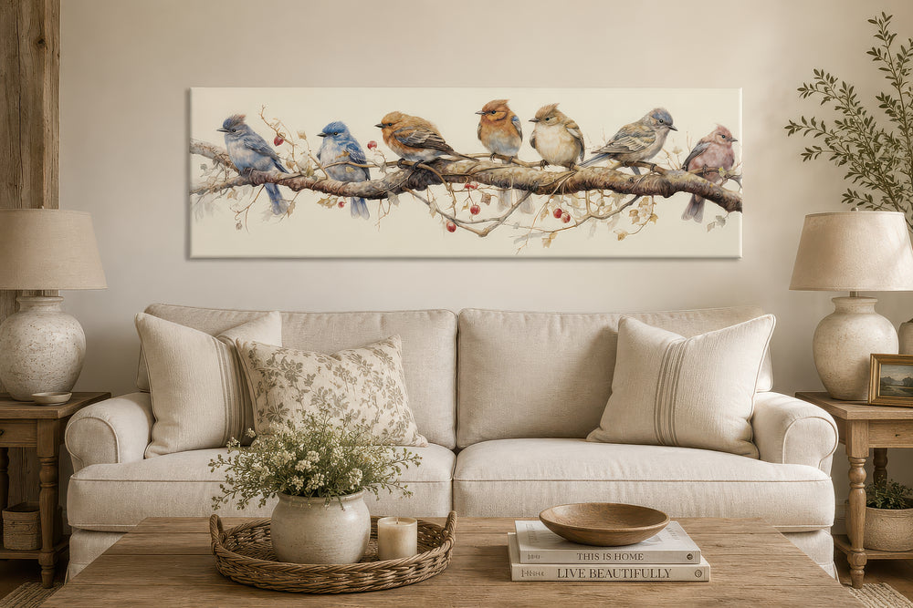 Horizontal framed canvas wall art featuring seven colorful birds perched on a branch above a sofa.