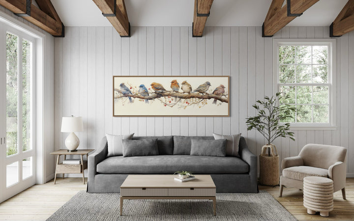 Birds Perched On a Branch Horizontal Framed Canvas Wall Art