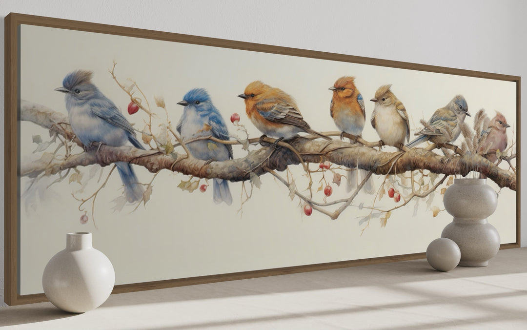 Birds Perched On a Branch Horizontal Framed Canvas Wall Art