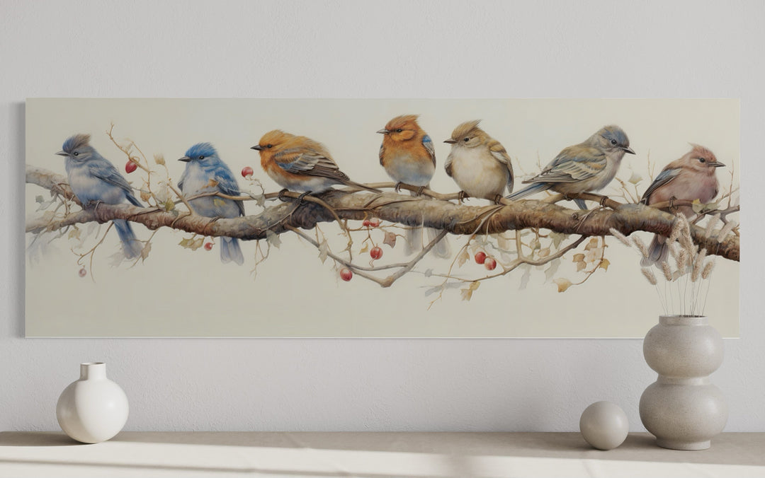 Birds Perched On a Branch Horizontal Framed Canvas Wall Art