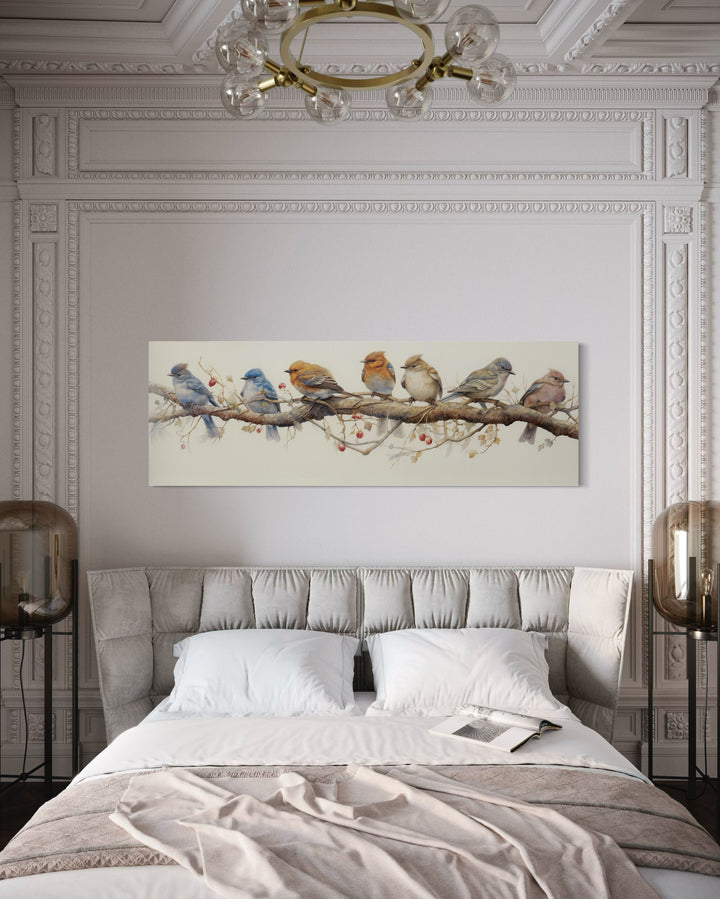 Birds Perched On a Branch Horizontal Framed Canvas Wall Art