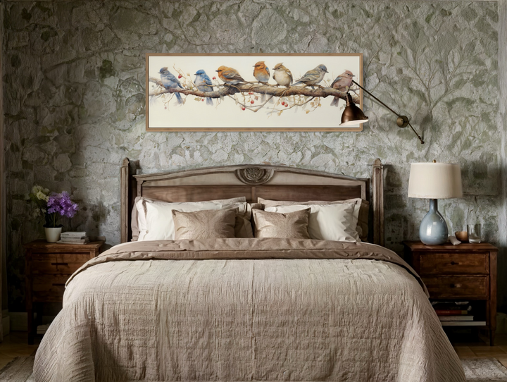 Birds Perched On a Branch Horizontal Framed Canvas Wall Art