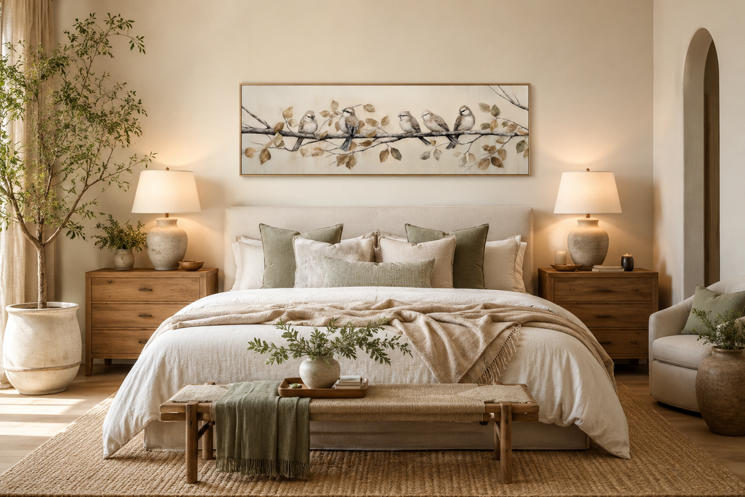 Panoramic birds perched on branch painting on distressed wood framed canvas above a bed.