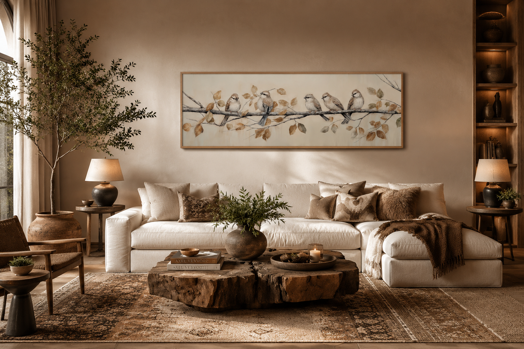 Panoramic birds perched on branch painting on distressed wood framed canvas in a living room.
