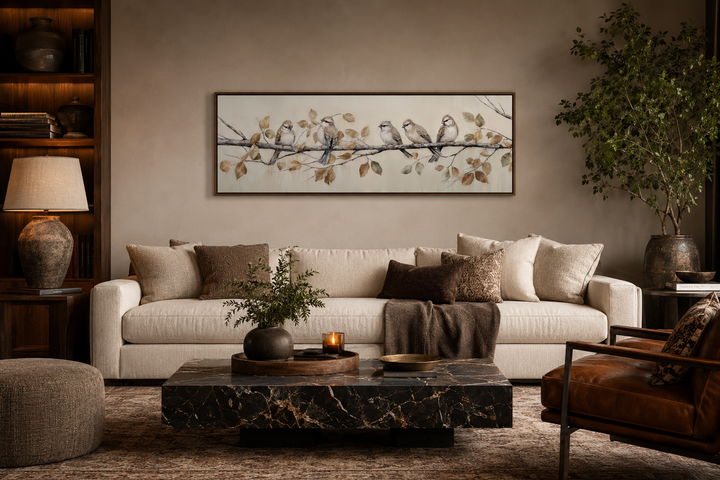 Panoramic framed canvas wall art of birds on a branch above a sofa in a rustic living room.