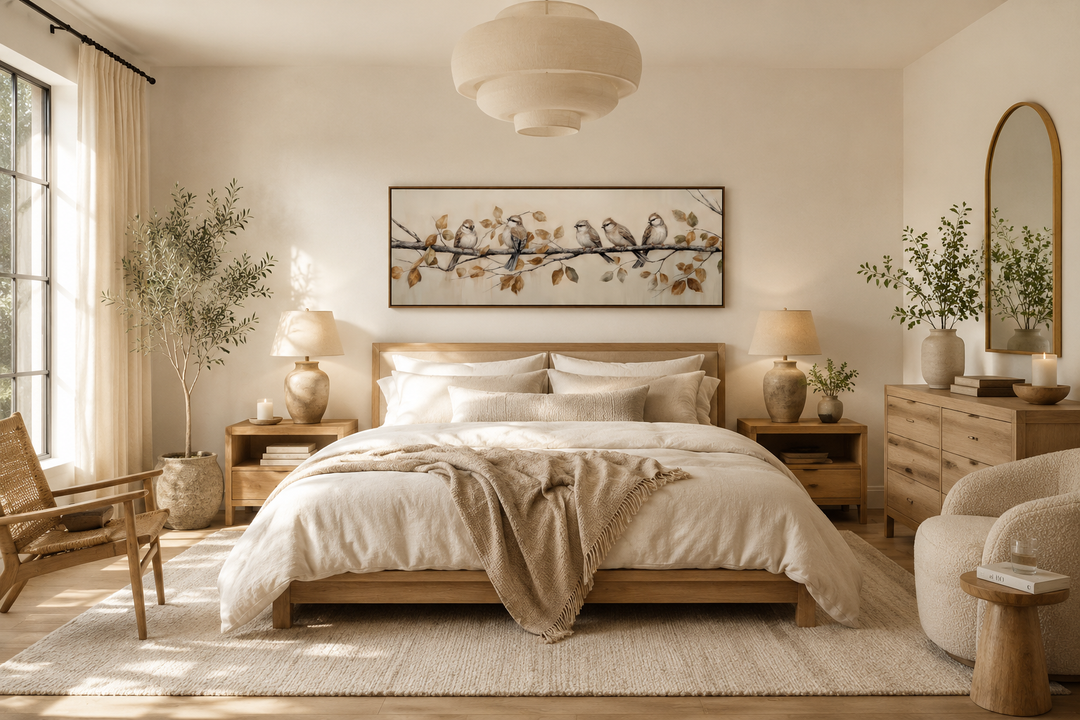 Panoramic framed canvas wall art of birds on a branch above a bed in a rustic farmhouse bedroom.