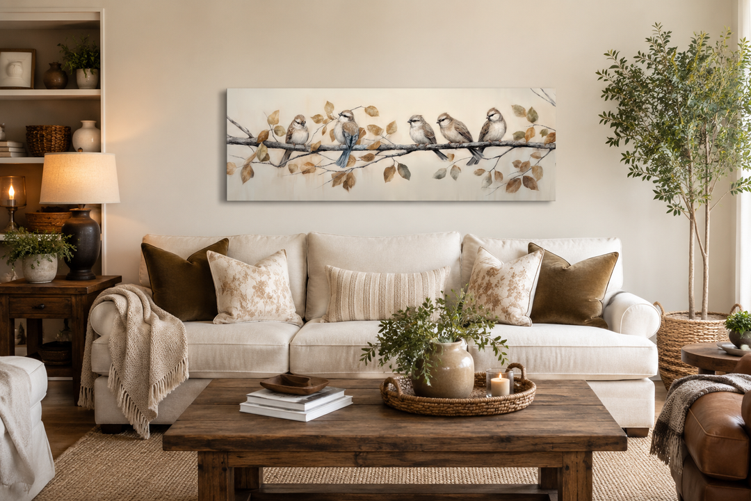 Panoramic birds perched on branch painting on distressed wood framed canvas above a living room sofa