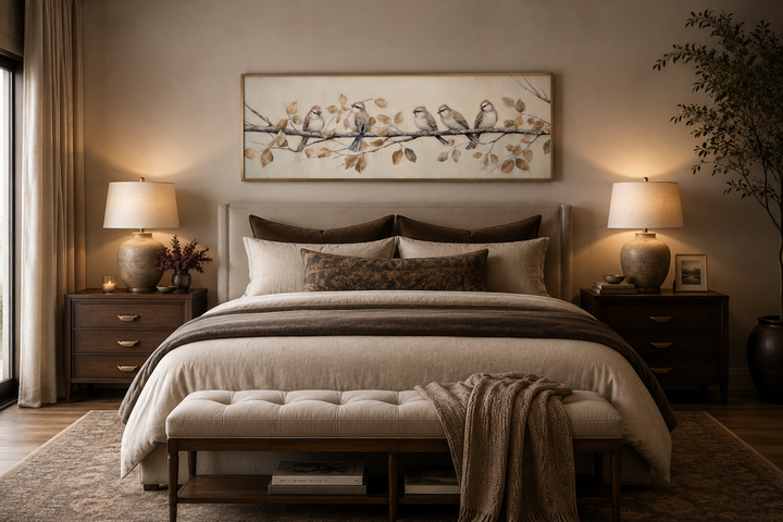 Panoramic painting of birds on a branch on distressed wood framed canvas above a bed.