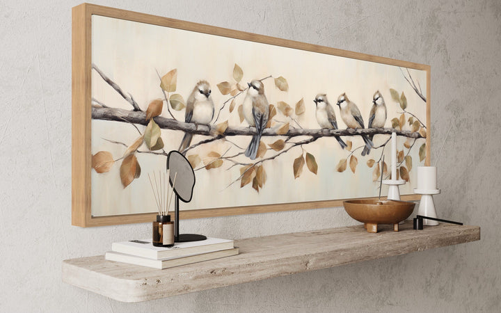 Birds Perched on Branch Painting On Distressed Wood Framed Canvas Wall Art