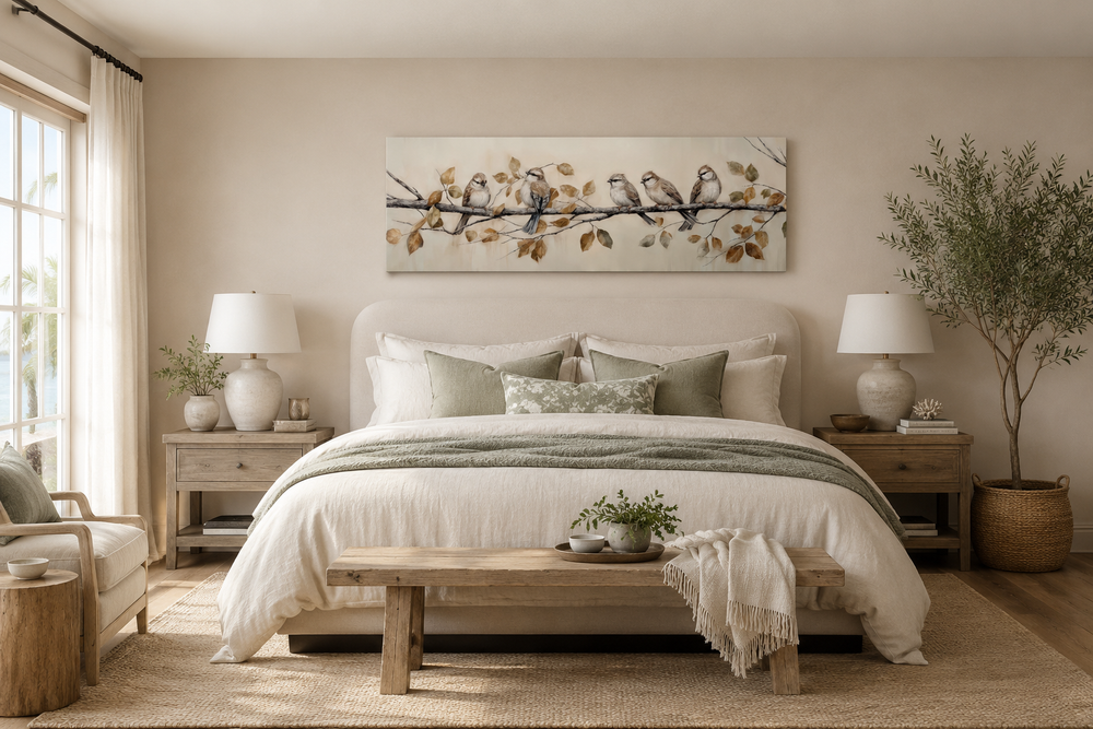 Panoramic painting of birds on a branch with distressed wood frame above a bed in a neutral room.