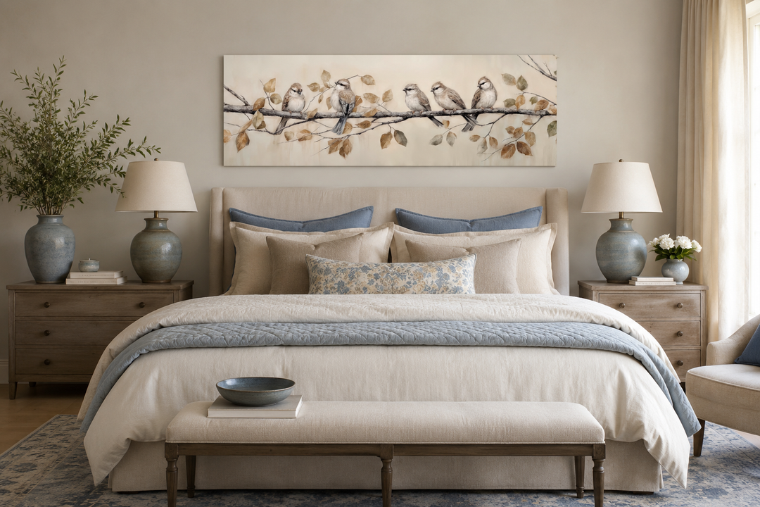 Panoramic painting of five birds on a branch, framed on a wall above a bed in a farmhouse bedroom.