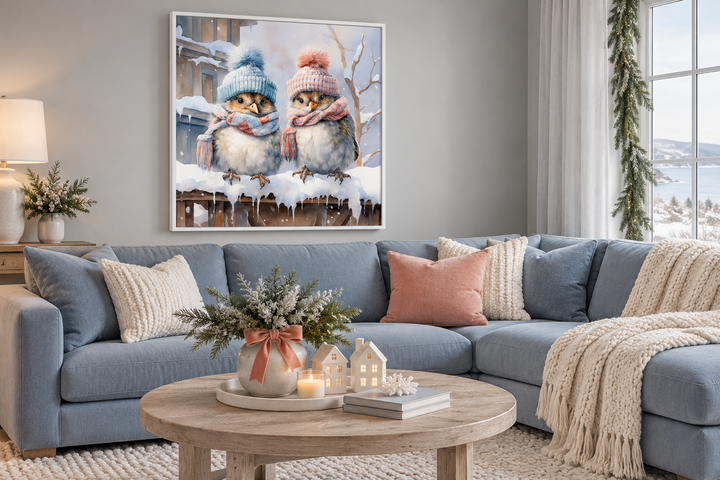 Cute Birds In Hats In Snow Winter Framed Canvas Wall Art For Christmas Decor