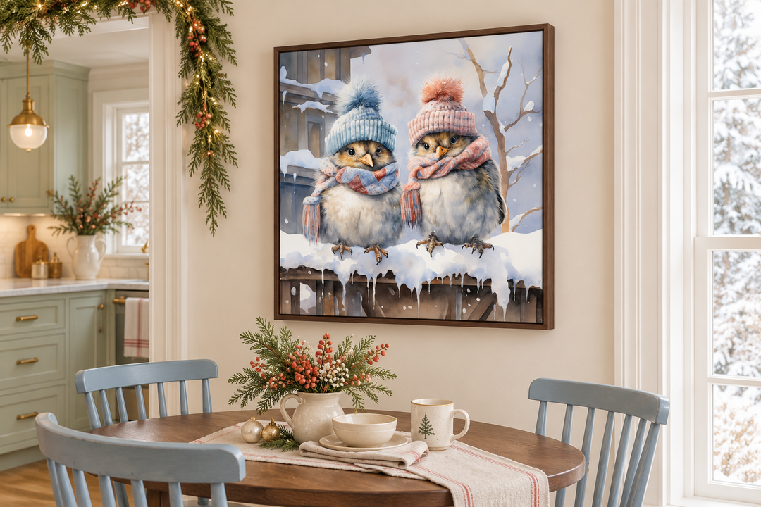 Cute Birds In Hats In Snow Winter Framed Canvas Wall Art For Christmas Decor
