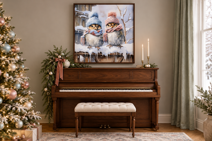 Cute Birds In Hats In Snow Winter Framed Canvas Wall Art For Christmas Decor