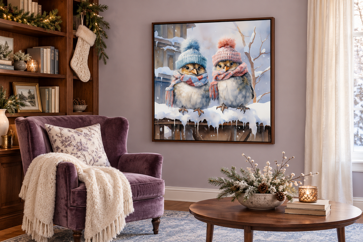 Cute Birds In Hats In Snow Winter Framed Canvas Wall Art For Christmas Decor