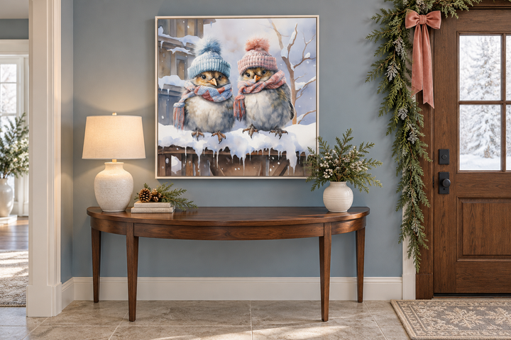 Cute Birds In Hats In Snow Winter Framed Canvas Wall Art For Christmas Decor