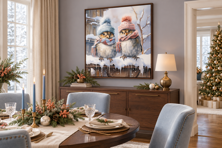Cute Birds In Hats In Snow Winter Framed Canvas Wall Art For Christmas Decor