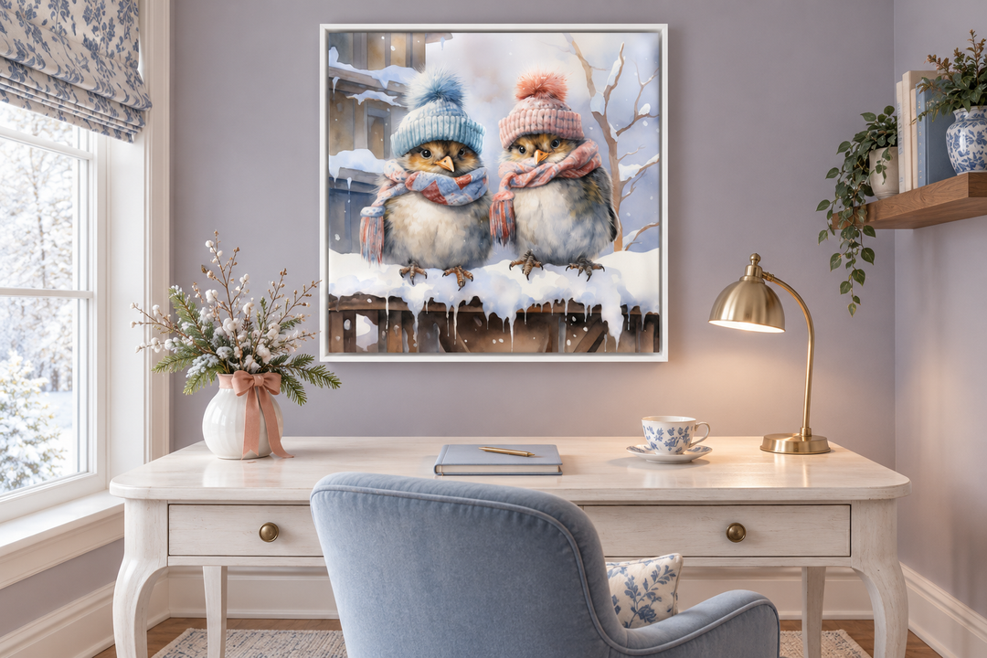 Cute Birds In Hats In Snow Winter Framed Canvas Wall Art For Christmas Decor
