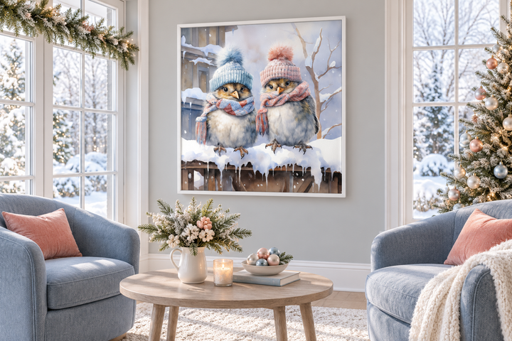 Cute Birds In Hats In Snow Winter Framed Canvas Wall Art For Christmas Decor