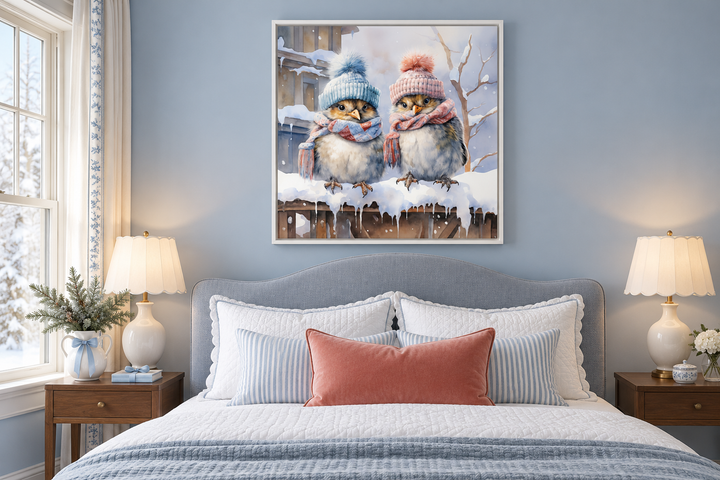 Cute Birds In Hats In Snow Winter Framed Canvas Wall Art For Christmas Decor