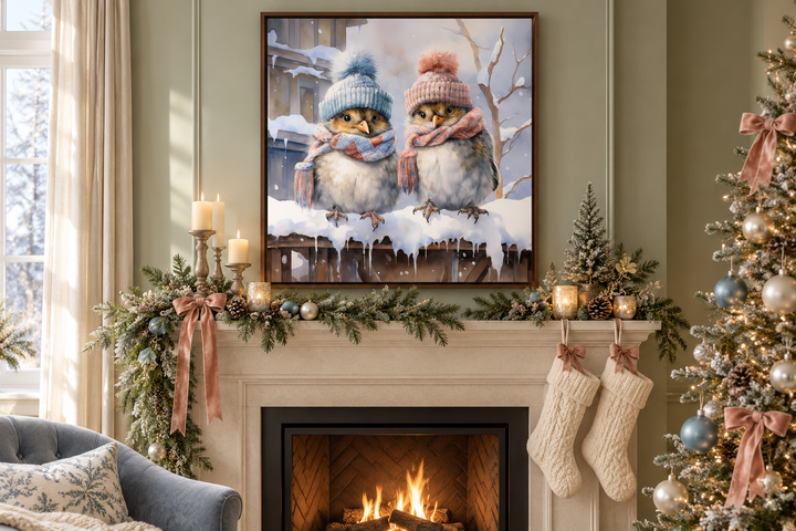 Cute Birds In Hats In Snow Winter Framed Canvas Wall Art For Christmas Decor