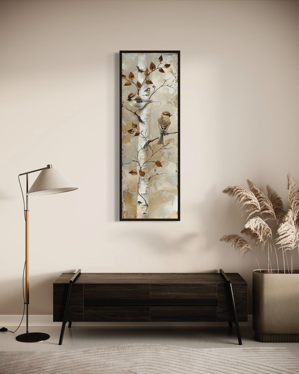 Long narrow vertical wall art of birds on a birch tree.