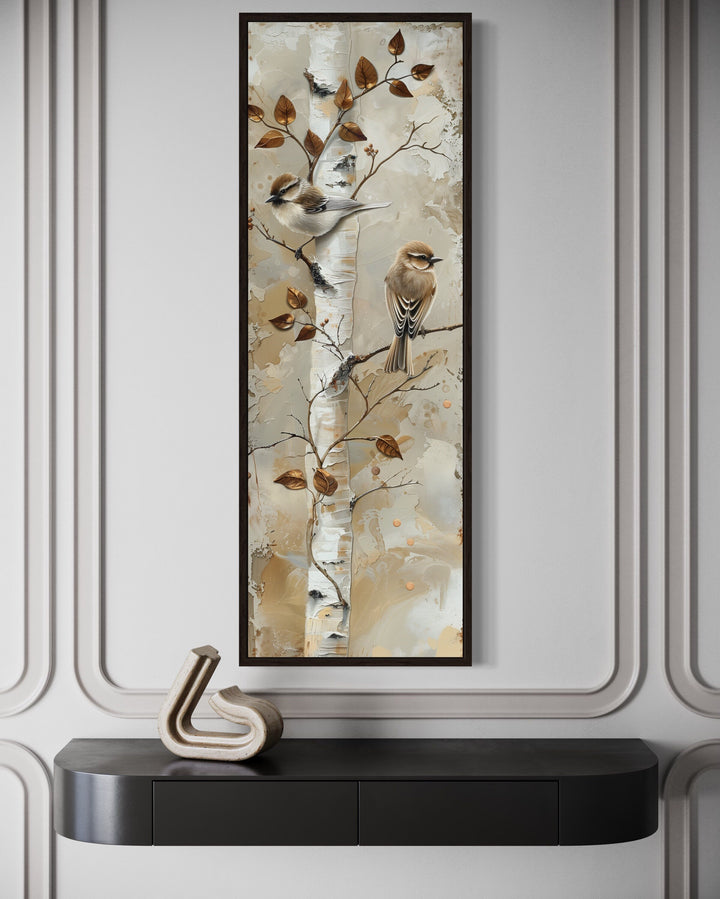 Rustic Cabin Wall Decor - Birds on Birch Tree Long Narrow Vertical Wall Art