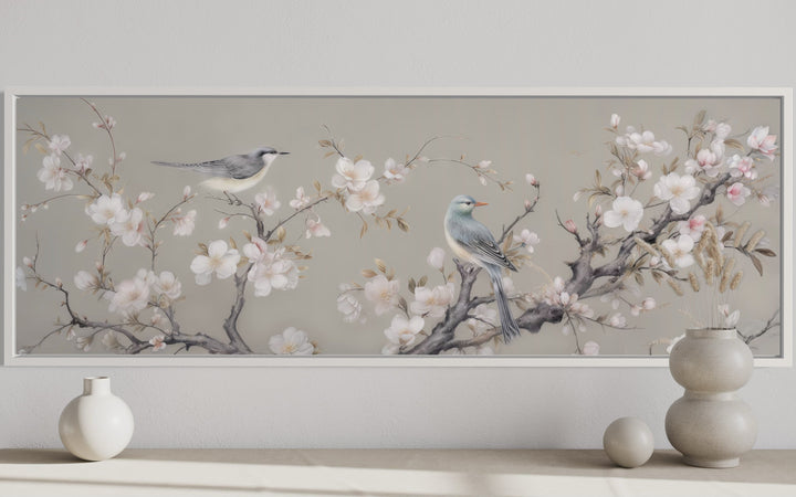 Birds on Blossoming Branch Horizontal Framed Canvas Wall Art