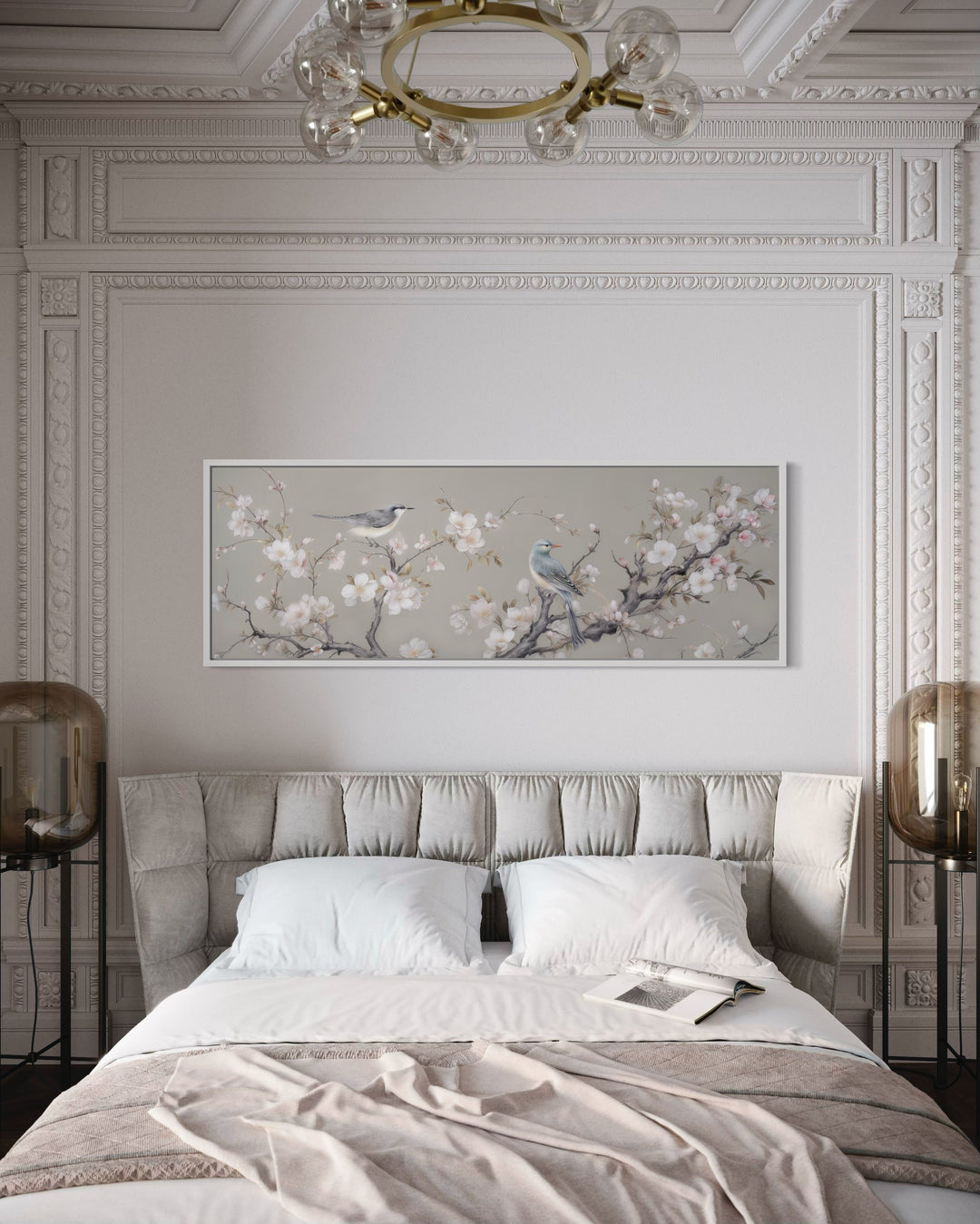 Horizontal framed canvas art of birds on a blossoming branch.