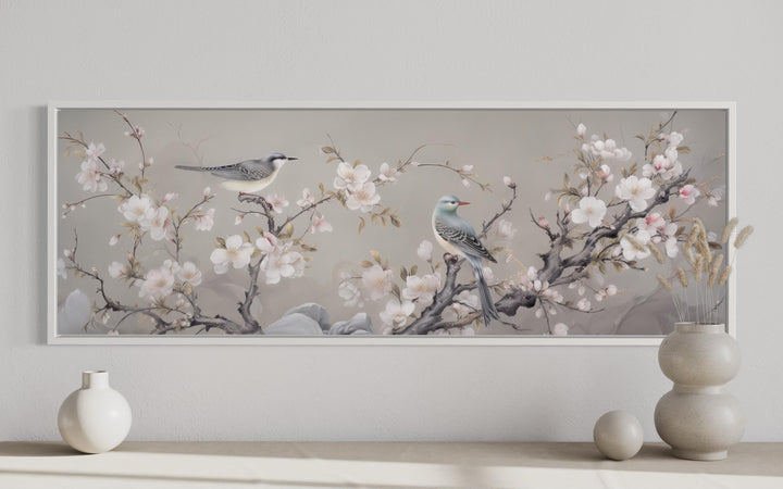 Birds on Blossoming Branch Horizontal Framed Canvas Wall Art