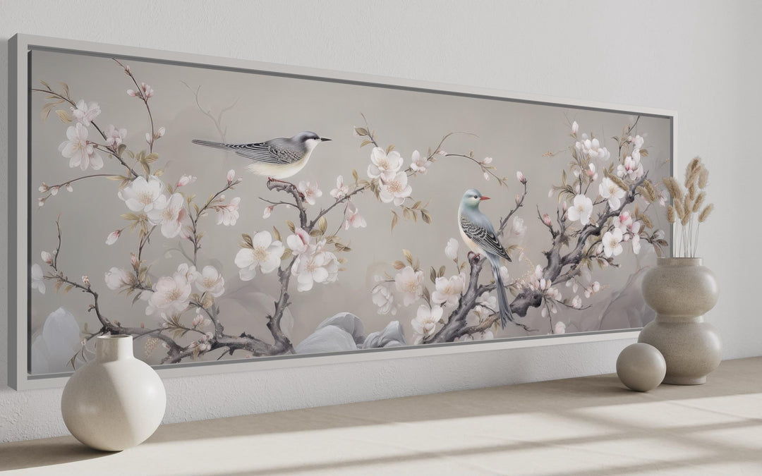 Birds on Blossoming Branch Horizontal Framed Canvas Wall Art