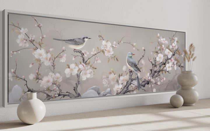 Birds on Blossoming Branch Horizontal Framed Canvas Wall Art