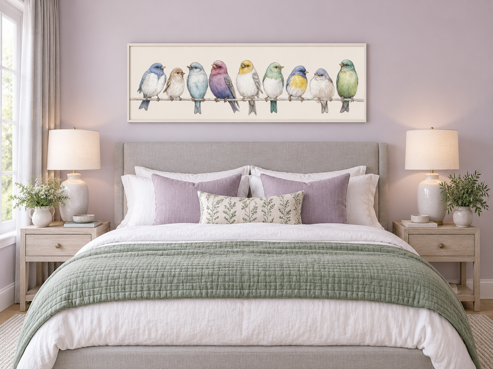 Birds On A Wire framed canvas art with colorful songbirds above a bed in a modern farmhouse room.
