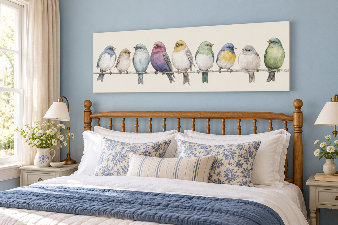 Colorful songbirds on a wire framed canvas art above a bed in a modern farmhouse bedroom.