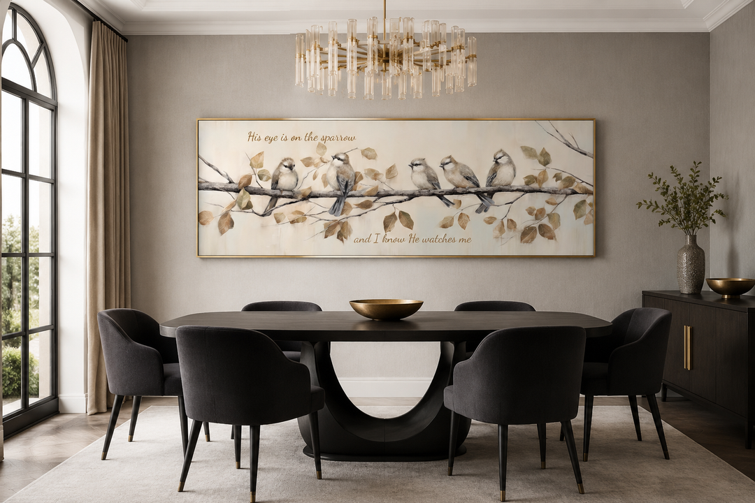 His Eye Is On The Sparrow birds scripture framed canvas wall art above a modern dining table.