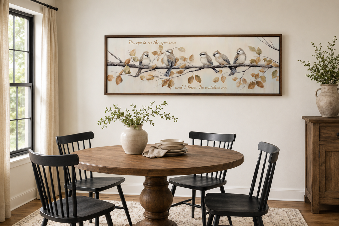His Eye Is On The Sparrow birds scripture framed canvas wall art above a dining table.