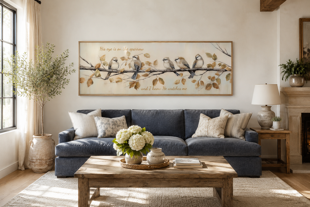 His Eye Is On The Sparrow birds scripture framed canvas wall art above a blue sofa in a living room.
