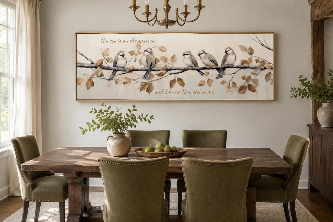 His Eye Is On The Sparrow birds scripture framed canvas wall art above a rustic dining table.