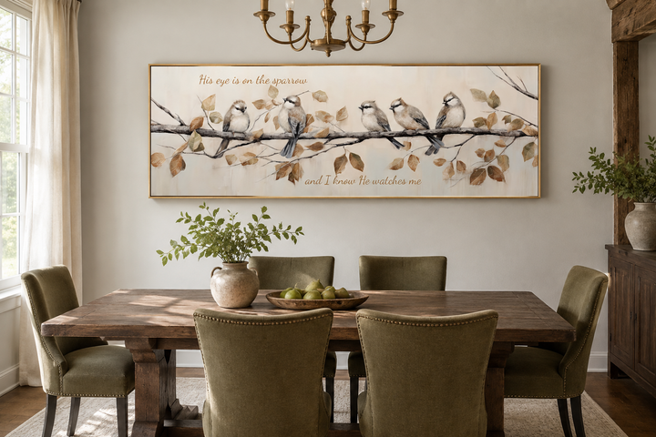 His Eye Is On The Sparrow birds scripture framed canvas wall art above a rustic dining table.