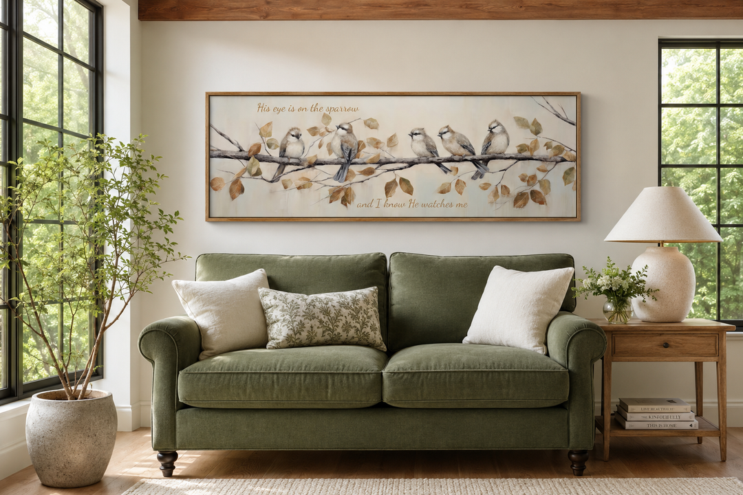 His Eye Is On The Sparrow birds scripture framed canvas wall art above a green sofa.