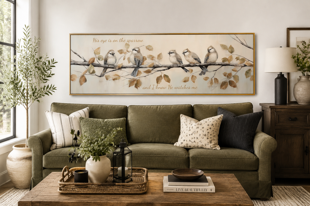 Panoramic framed canvas art of sparrows on a branch with scripture above an olive green sofa.