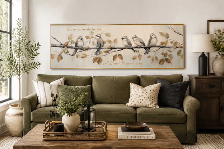Panoramic framed canvas art of sparrows on a branch with scripture above an olive green sofa.