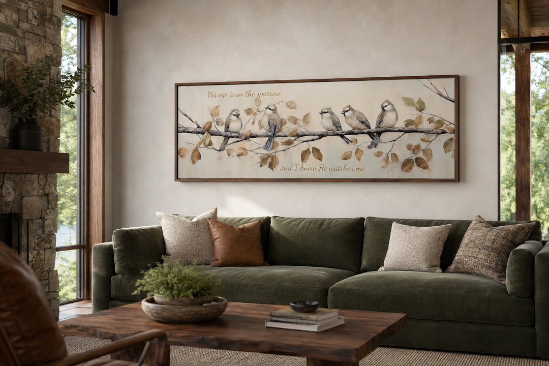 Panoramic framed canvas art of sparrows on a branch with scripture above a green velvet sofa.