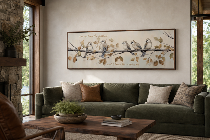 Panoramic framed canvas art of sparrows on a branch with scripture above a green velvet sofa.
