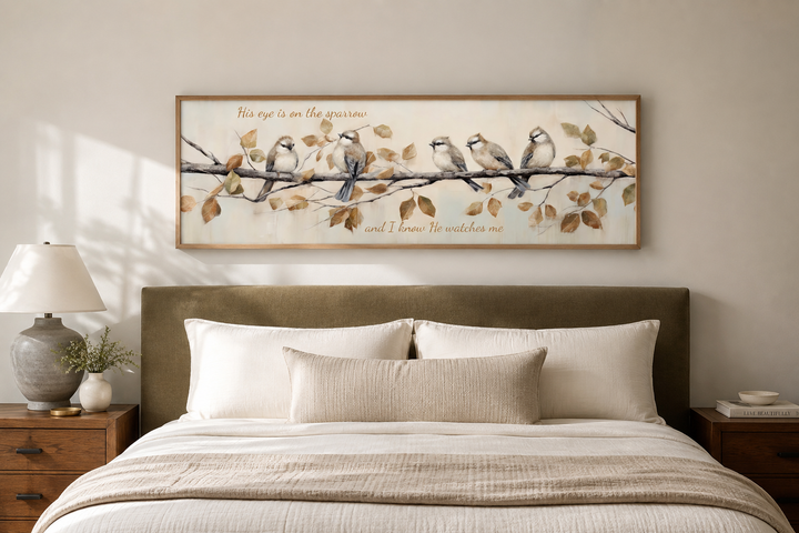 Framed horizontal canvas wall art of sparrows on a branch with scripture above a bed.