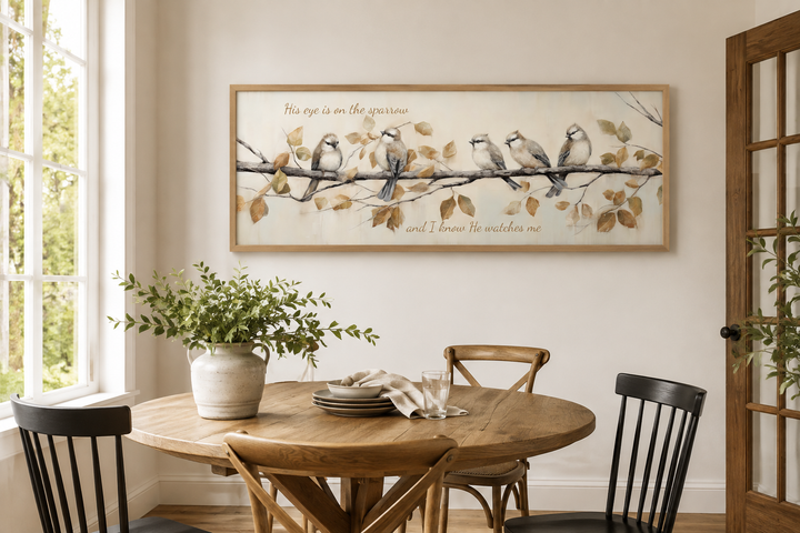 His Eye Is On The Sparrow birds scripture framed canvas wall art above a wooden dining table.