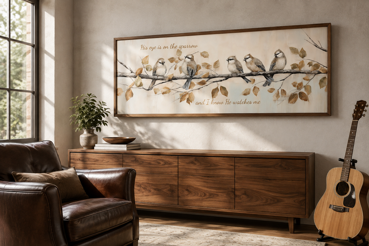 Panoramic framed canvas art of sparrows on a branch with scripture above a wooden sideboard.