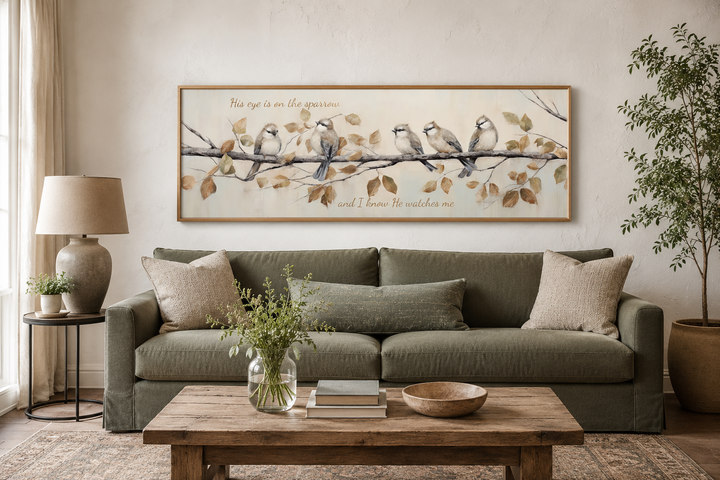 Framed canvas wall art featuring sparrows on a branch with the scripture His eye is on the sparrow.