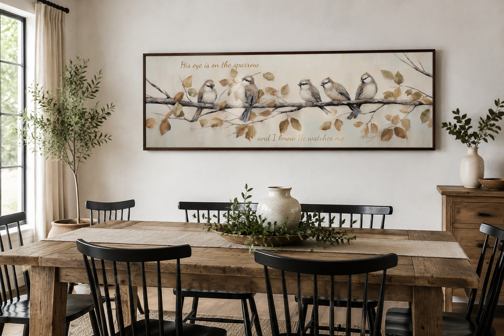 Panoramic framed canvas art of sparrows on a branch with scripture above a rustic dining table.